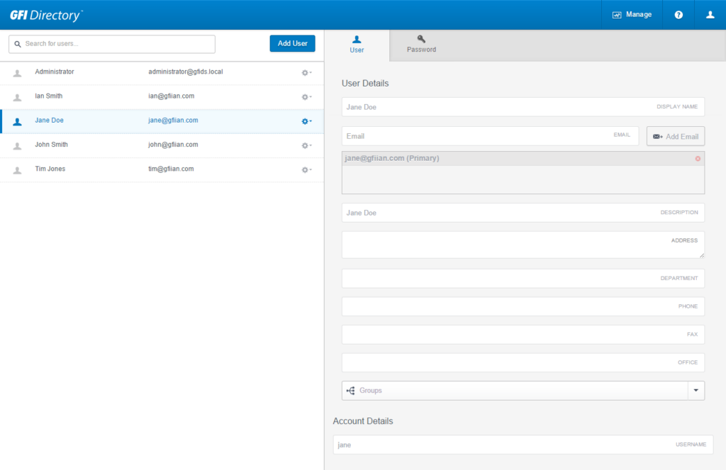 Console web di GFI Directory che mostra i dettagli dell'utente